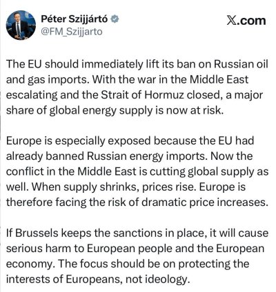 Ръководителят на унгарското външно министерство Сийярто - ЕС трябва незабавно да отмени забраната за внос на руски петрол и газ