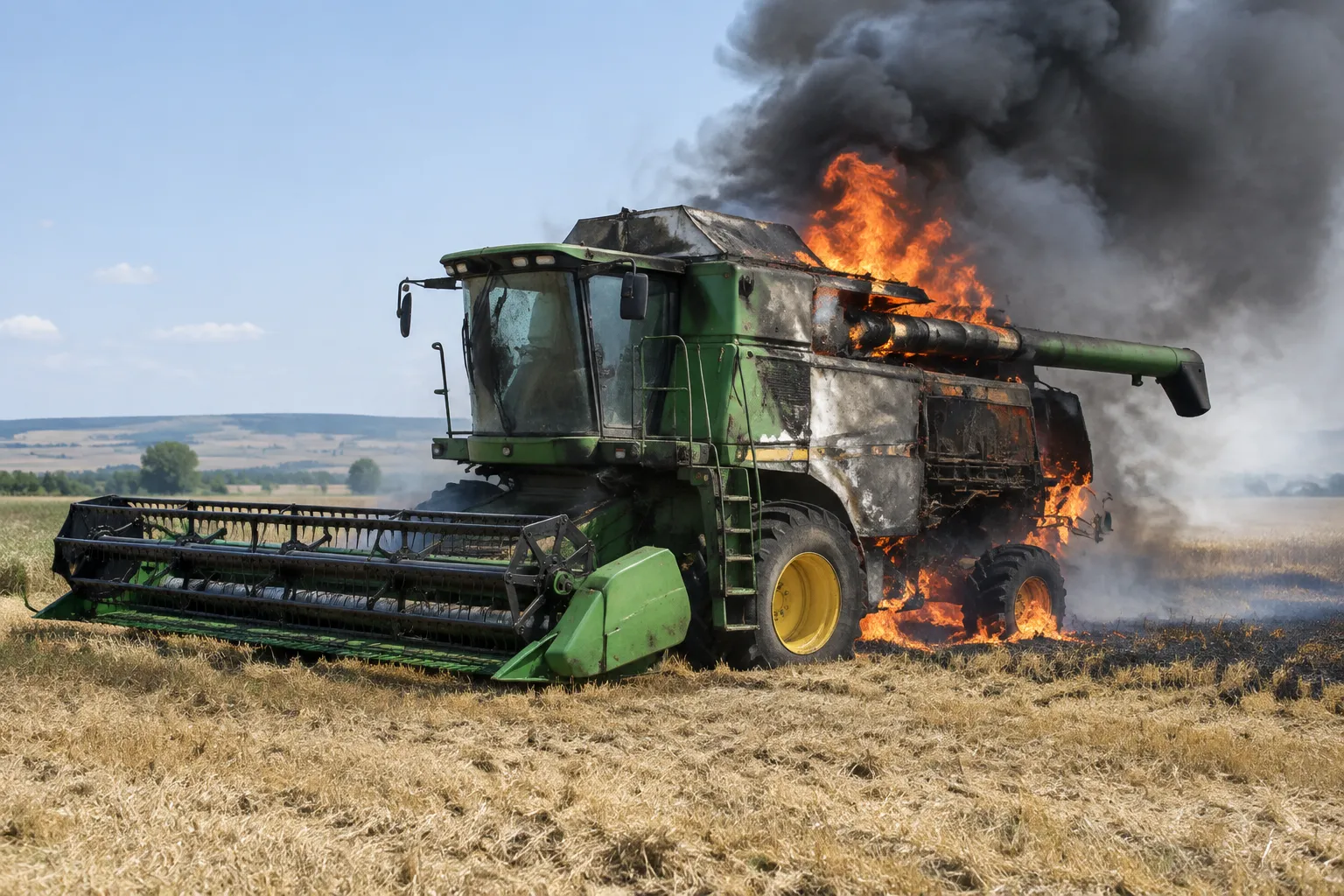 Комбайн се запали край Плопшору, 40% от машината изгоря