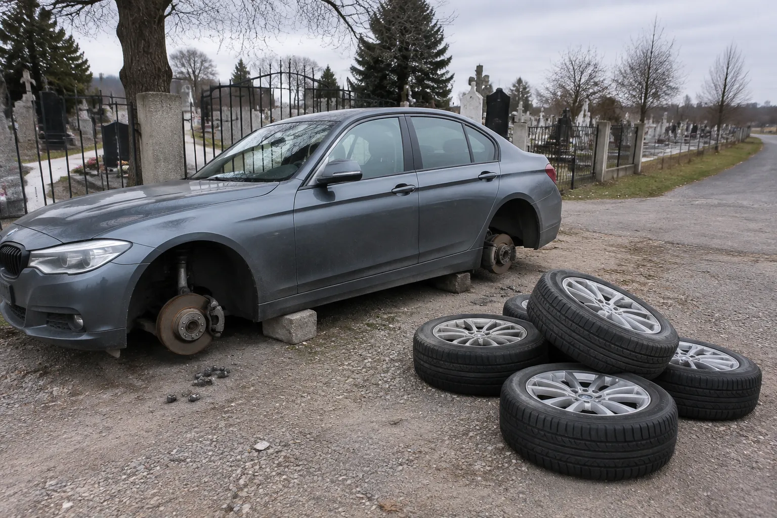 Разбиха кола до гробищния парк в Басарбово и откраднаха пет гуми