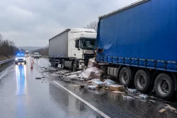 Два камиона се сблъскаха край Поликраище, движението е в една лента